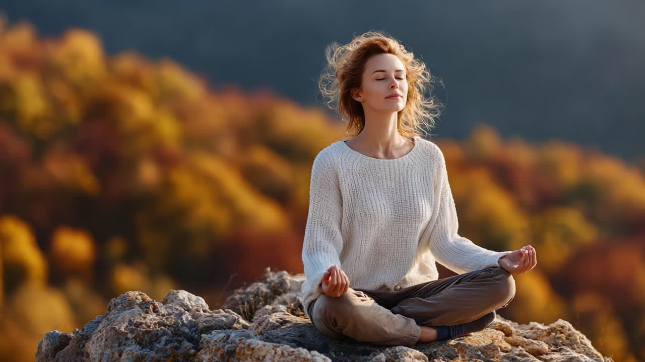 A Serene Moment of Mindfulness: A Young Woman Practicing Meditation on a Rocky Outcrop Surrounded by Autumn's Colorful Splendor