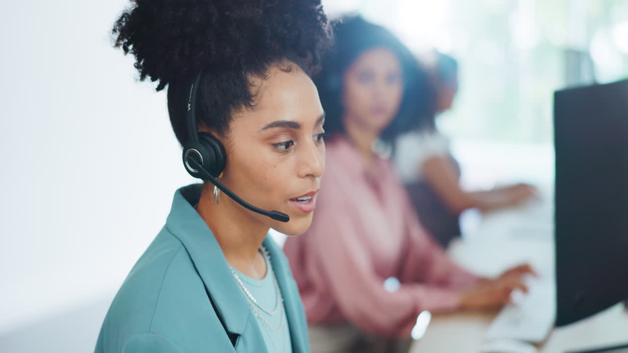 Contact us, crm or black woman in a call center