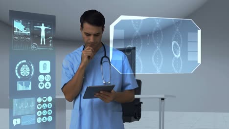 Doctor-looking-at-digitally-generated-medical-icons-on-tablet