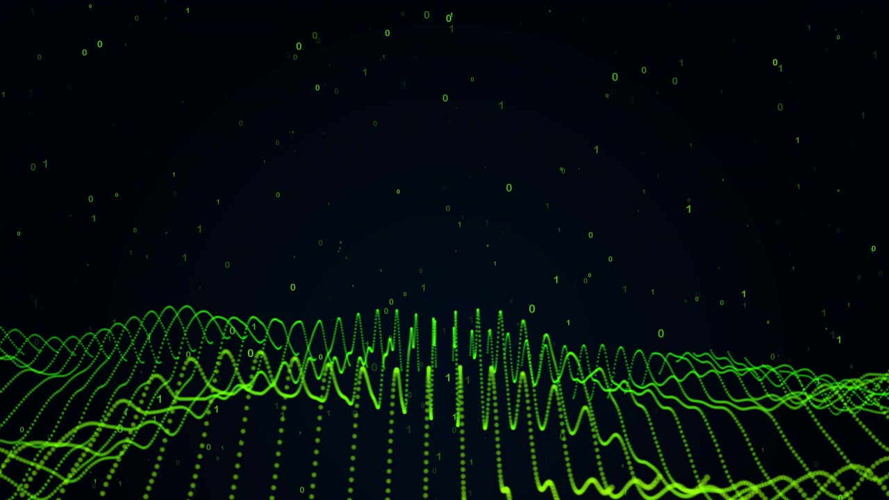 Abstract Digital Green Wave with Floating Binary Code