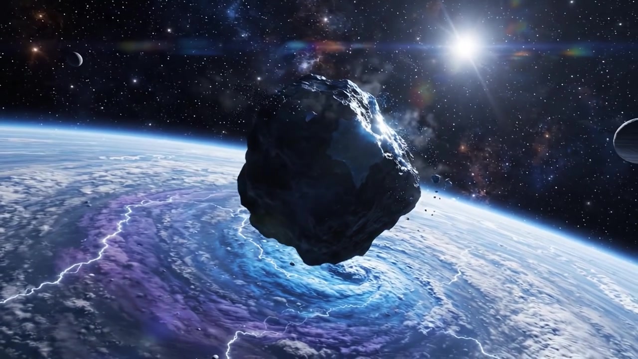Una Vista Mozzafiato di una Tempesta Cosmica: Un Asteroide che Fluttua Sopra un Pianeta Simile alla Terra, Circondato da Bellezza Galattica e Fenomeni Celesti nello Spazio Profondo.