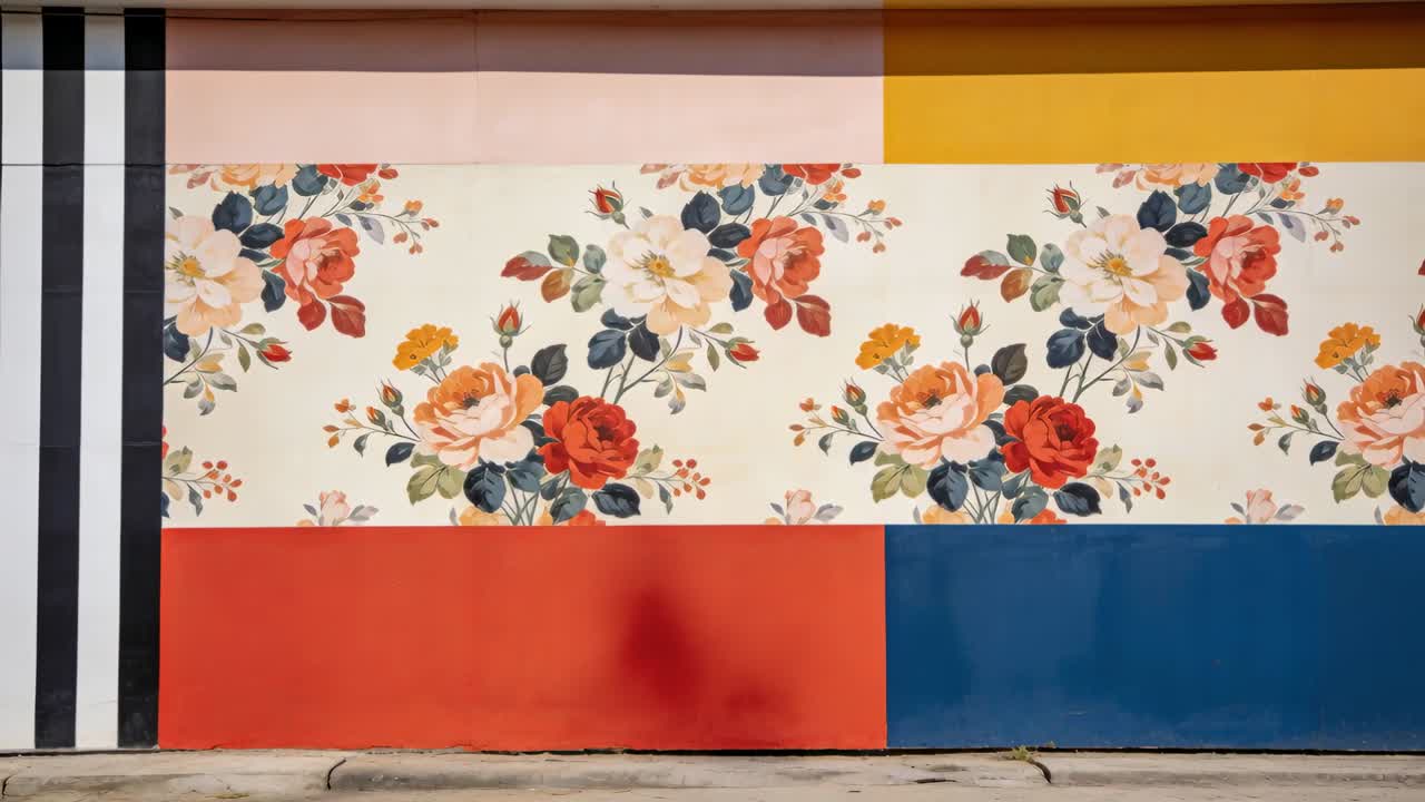 Solen kaster en menneskeformet skygge over et blomstermural på et fortau, med røde og blå paneler.