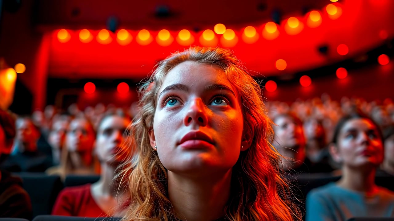 Giovane donna che guarda in alto in un teatro affollato con luci rosse. Ritratto ravvicinato di una ragazza che guarda uno spettacolo all'interno di un auditorium cinematografico con illuminazione ambientale rossa