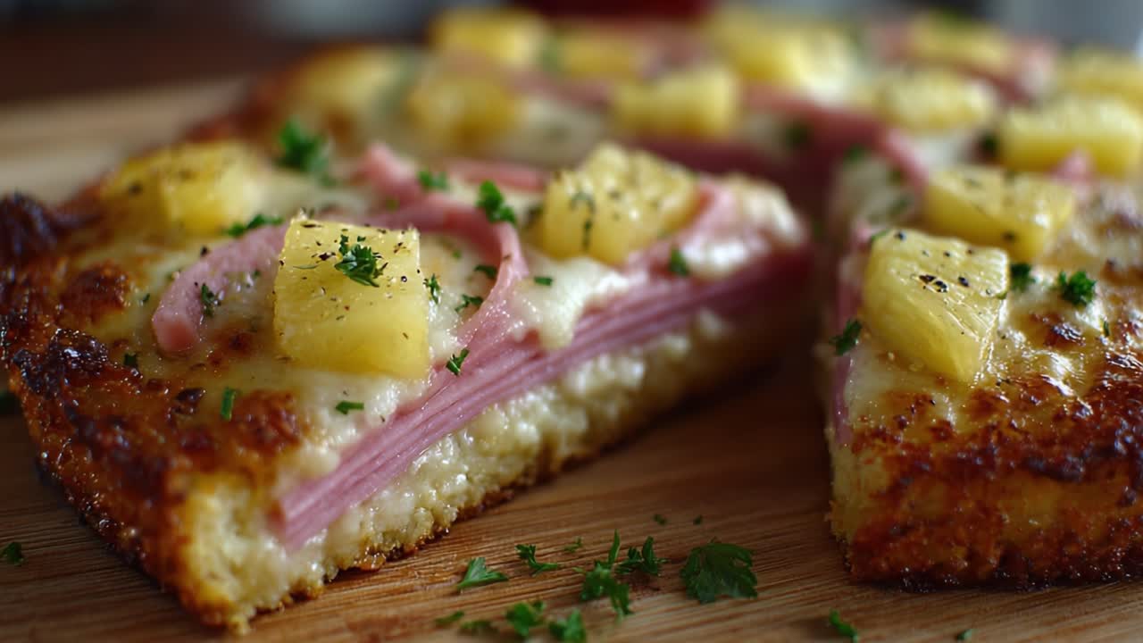 Lækkert bagt skinke- og ananaspizza med ostetopping, frisk pyntet med krydderurter, serveret på et træskærebræt for en mundvandsfremkaldende kulinarisk oplevelse.