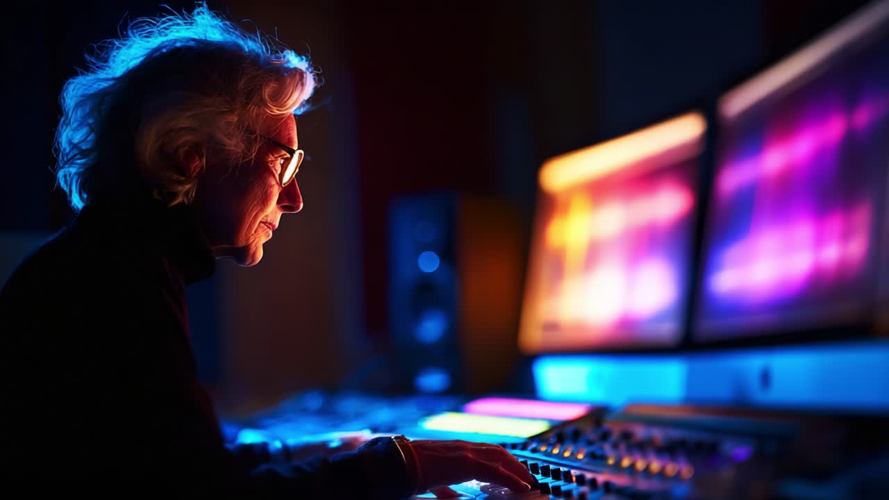 An expert audio engineer adjusting sound levels in a music studio, immersed in the art of mixing and mastering, showcasing a blend of technology and creativity under vibrant lighting
