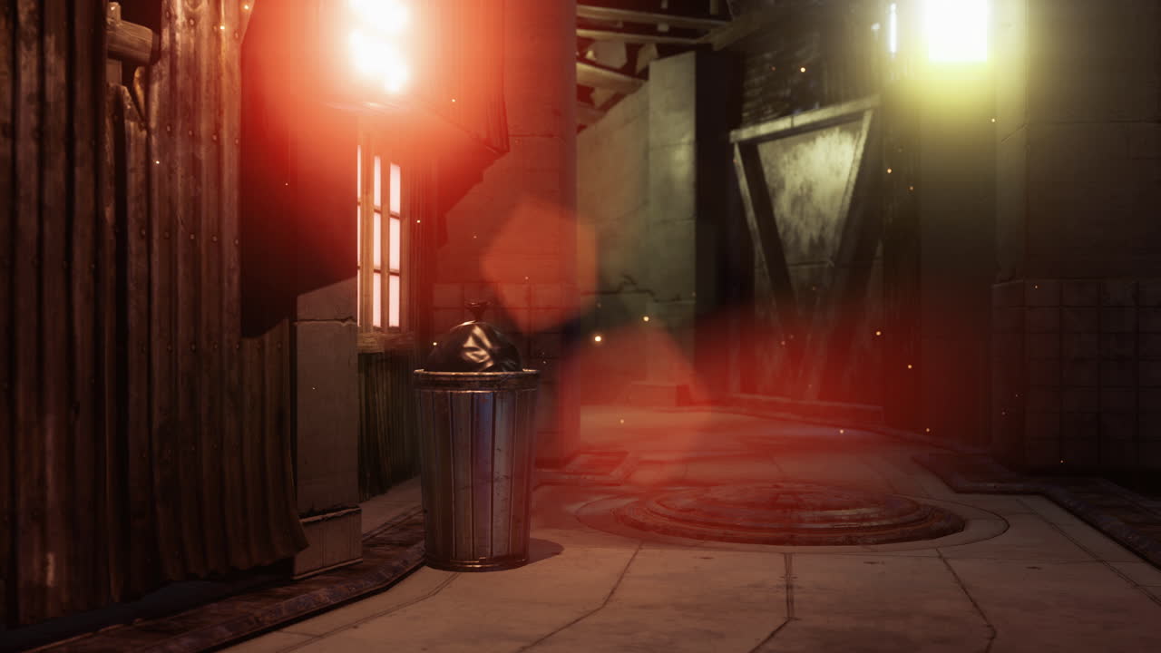Mysterious alleyway illuminated by warm lights at dusk with a trash can