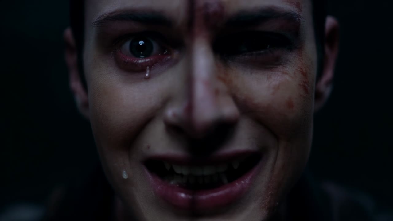 Câmera começa a filmar mulher chorando com close-up, expressando dor que se transforma em careta em estúdio escuro, marcas de lágrimas na jaqueta