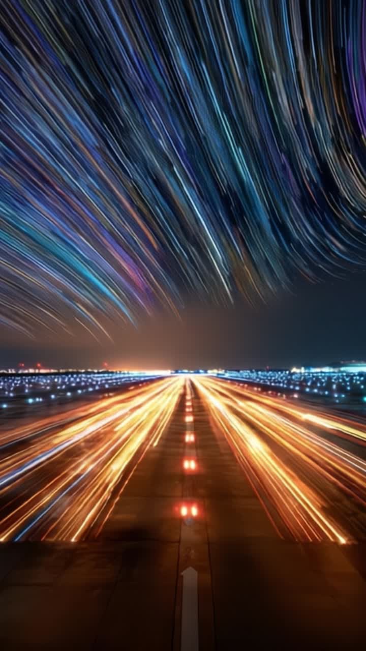 Cielo notturno dinamico invaso da scie stellari colorate e luci brillanti della pista, catturato in due splendide inquadrature da un'esperienza video unica