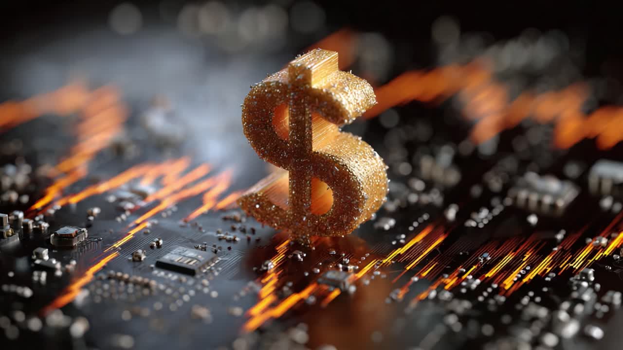 Golden Dollar Sign on Digital Background with Data Streams and Circuitry: A Symbol of Financial Technology and Economic Market Dynamics