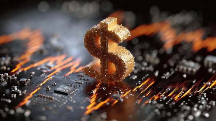 Un simbolo del dollaro dorato su uno sfondo digitale con flussi di dati e circuiti: un simbolo di tecnologia finanziaria e dinamiche del mercato economico