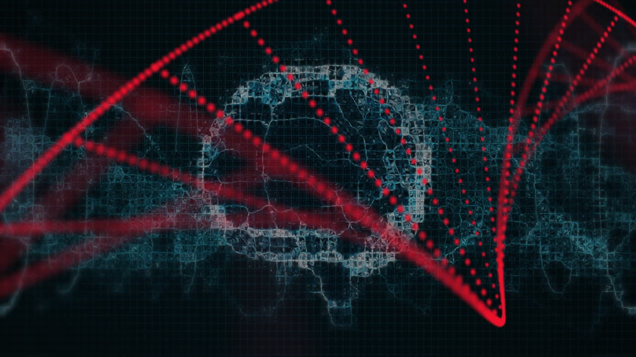 Digital network sphere with red data points and grid background animation