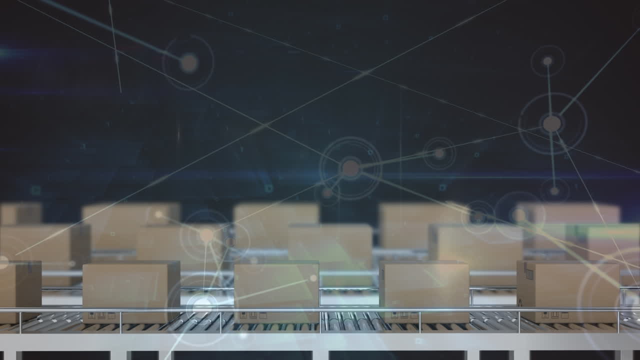 컨베이어 벨트에 있는 상자 위의 연결 네트워크의 애니메이션