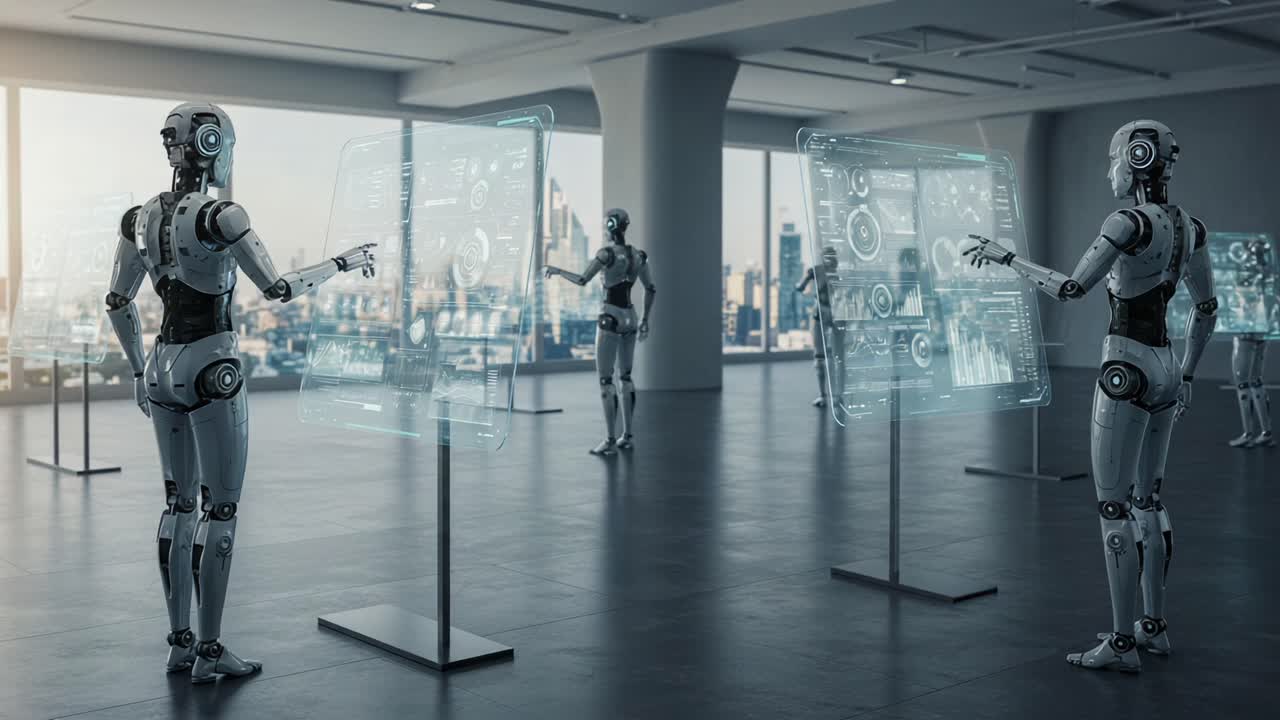 Advanced humanoid robots interactively engaging with futuristic holographic displays in a modern urban environment, showcasing technology and collaboration