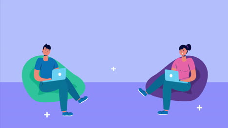 couple using laptops with social media icons