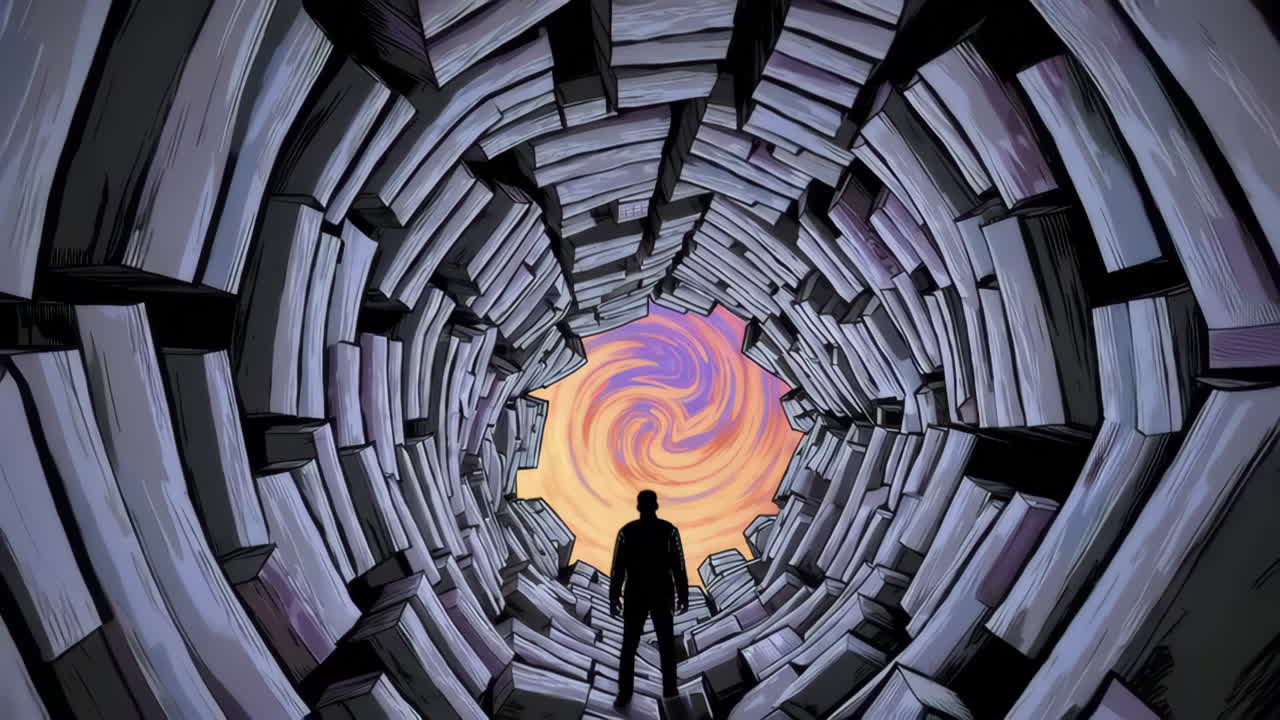 Silhouette Staring into a Swirling Vortex at the End of an Abstract Tunnel