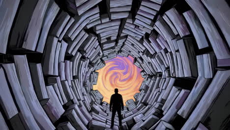 silhouette staring into a swirling vortex at the end of an abstract tunnel