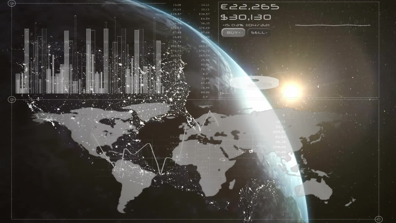 Holographic interface floating over Earth globe, showing data charts, readouts, Buy Sell buttons