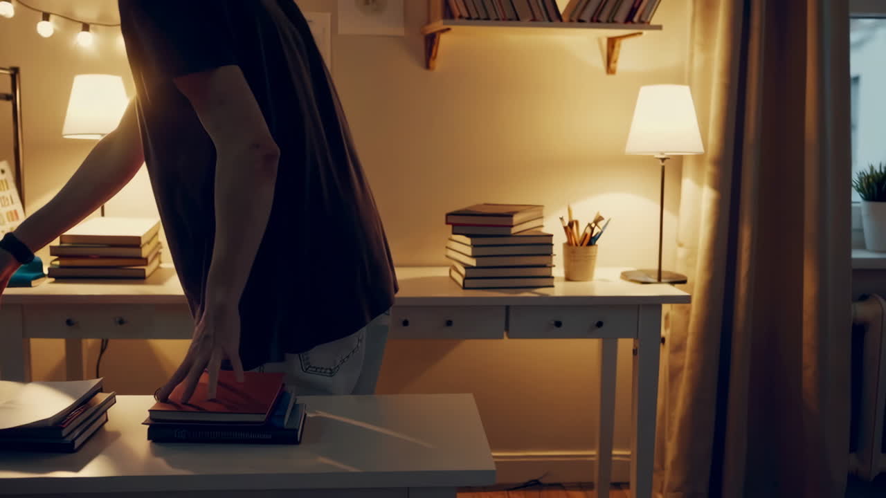 Student studying at home at night