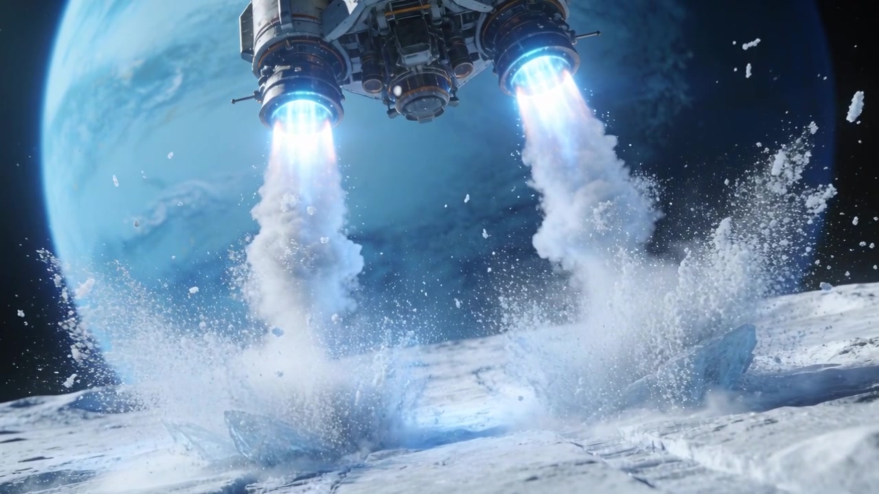Igniting twin blue nozzles causing ship underside holding low above icy surface, preparing landing
