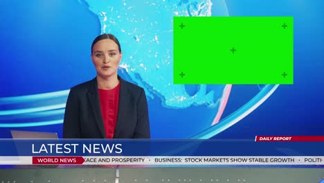 live news studio with beautiful female anchor reporting on a story, does gesture while using green chroma key screen placeholder copy space. television newsroom channel with professional presenter
