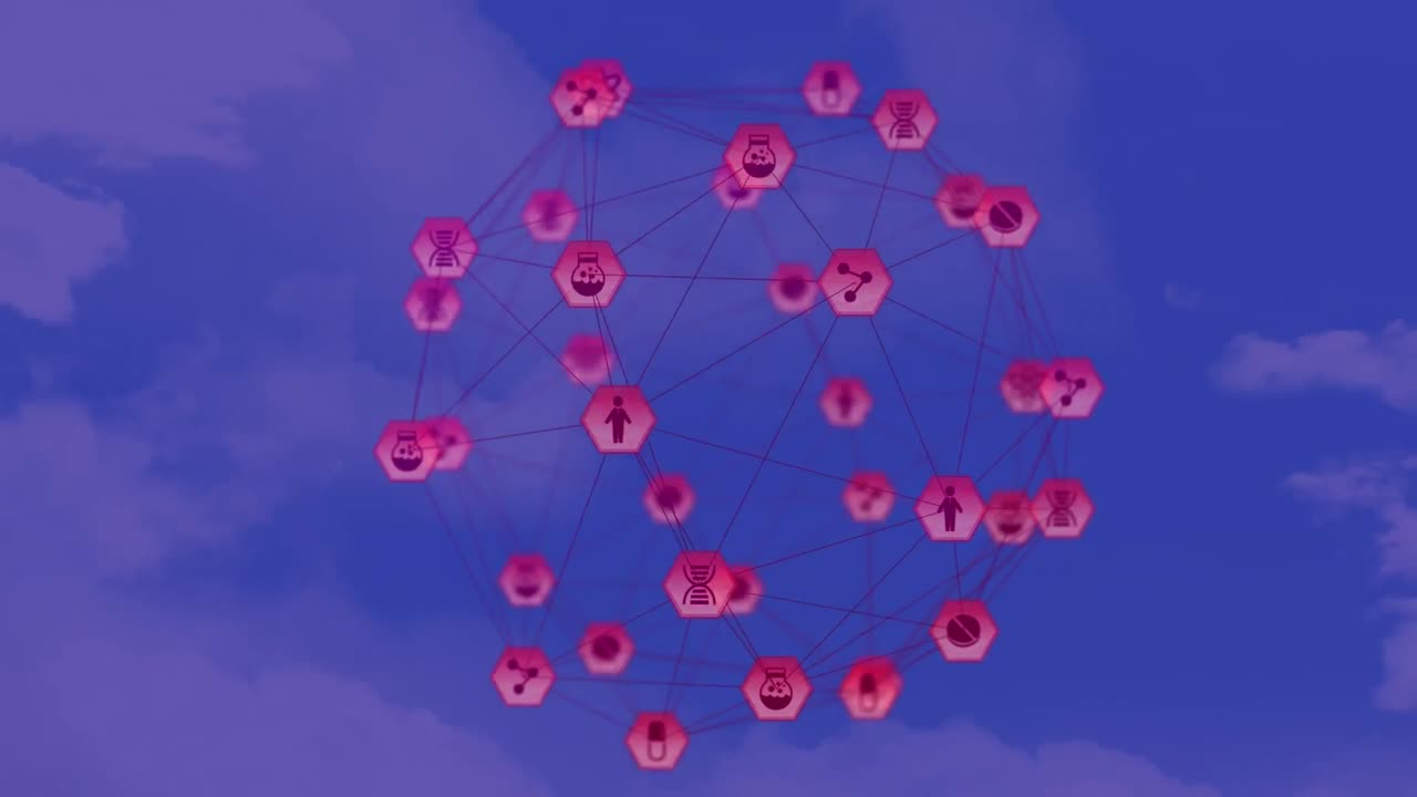 하늘의 구름에 대해 회전하는 디지털 아이콘의 글로브의 애니메이션
