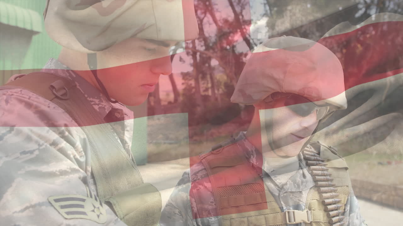 animación de formas rojas y bandera de inglaterra sobre soldados caucásicos