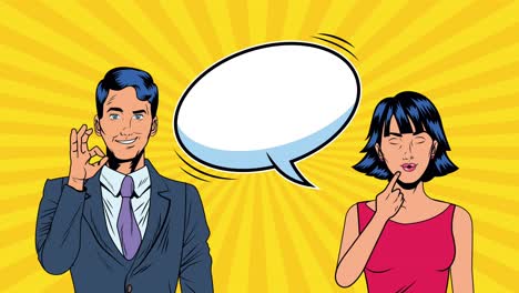 una pareja joven con una burbuja de habla, animación al estilo pop art.