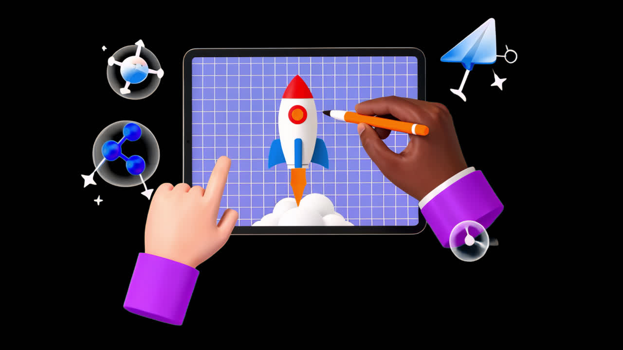 Creative digital rocket launch animation isolated asset, transparent 4K ...