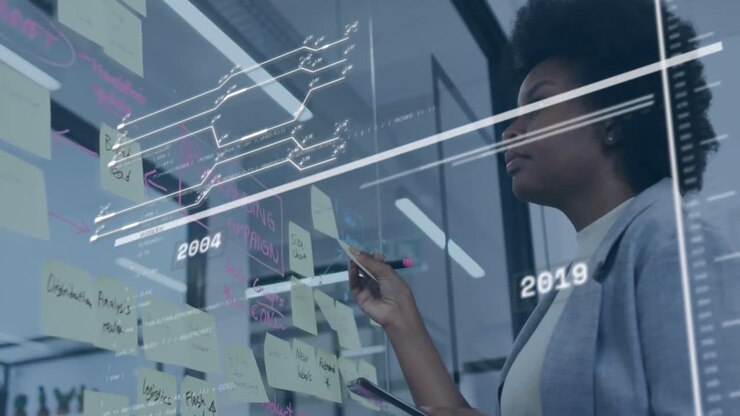 Animation of data processing over businesswoman in office