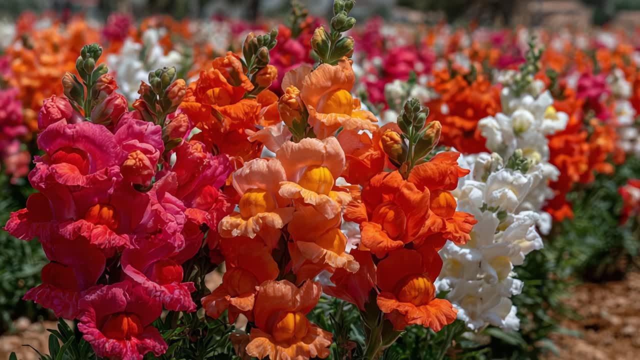 A Vibrant Display of Snapdragons: A Cascade of Colorful Flowers Blooming in a Sunlit Field, Showcasing Nature's Bounteous Beauty and Diversity