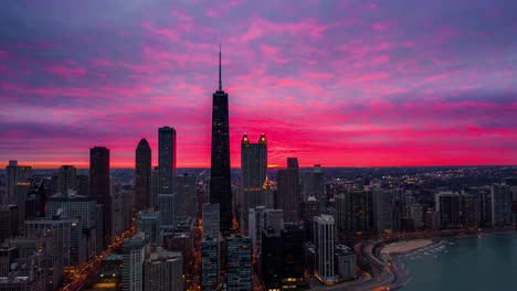 Lapso-De-Tiempo-Aéreo-De-La-Puesta-De-Sol-Ardiente-De-Chicago-Que-Se-Desvanece