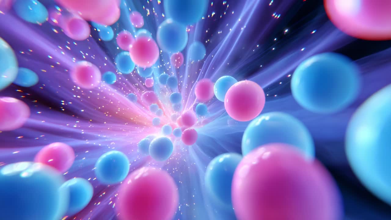 A mesmerizing journey through a vibrant cosmic tunnel filled with floating spheres that pulsate in shades of pink and blue, showcasing a stunning display of colors and motion within a dreamlike universe