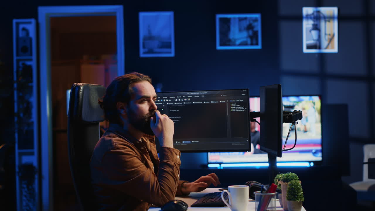 IT admin thinking and drinking coffee while working on PC early in the morning