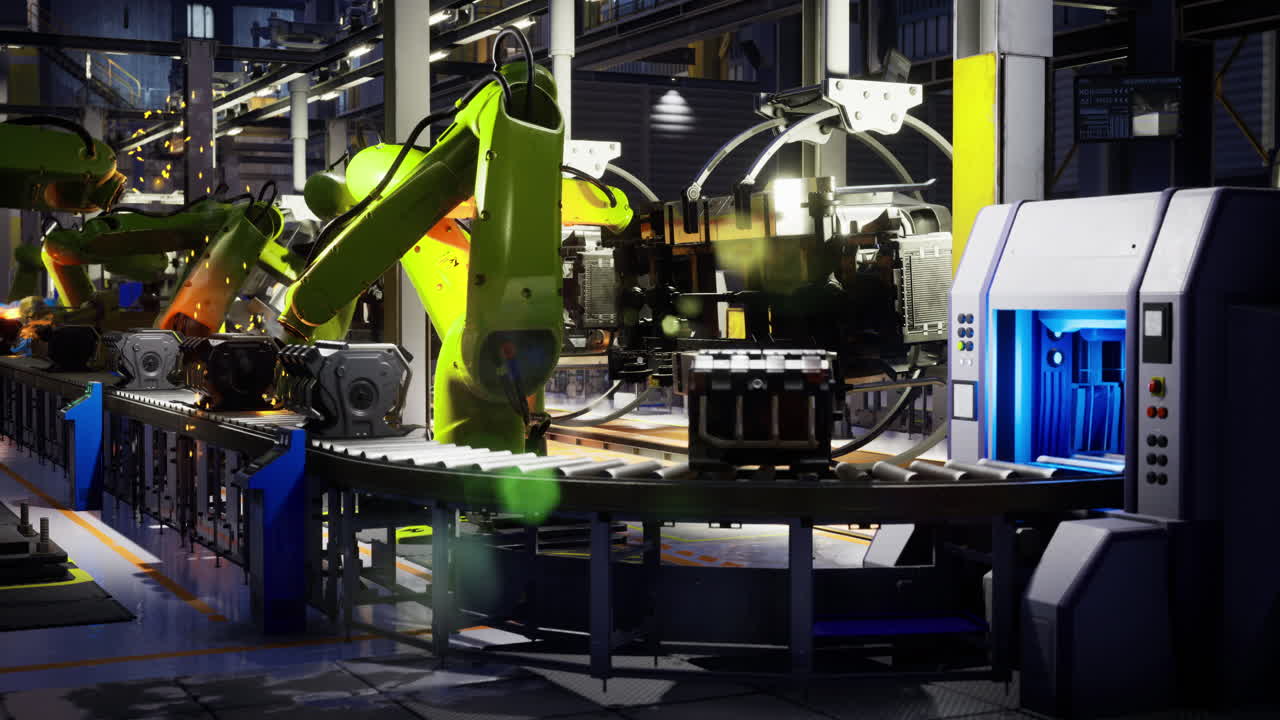 Robots working together in a modern automotive manufacturing plant