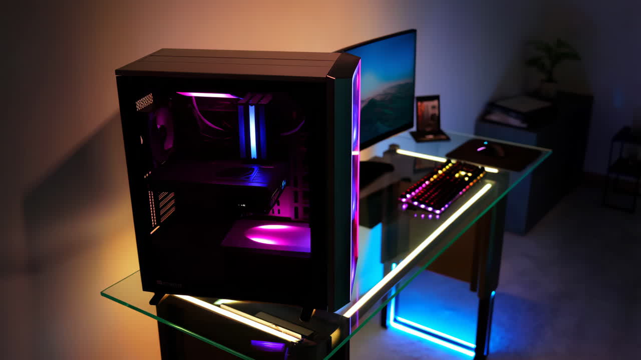 Vibrant RGB Gaming PC Setup with LED Desk