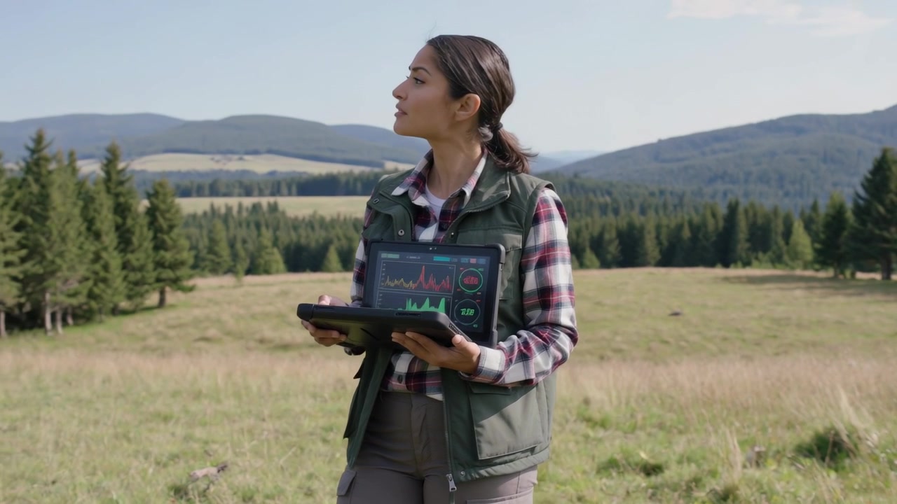 Guardando in basso, uno scienziato tocca i grafici sul tablet monitorando i dati in un prato vicino ai pini, indossando un gilet verde.