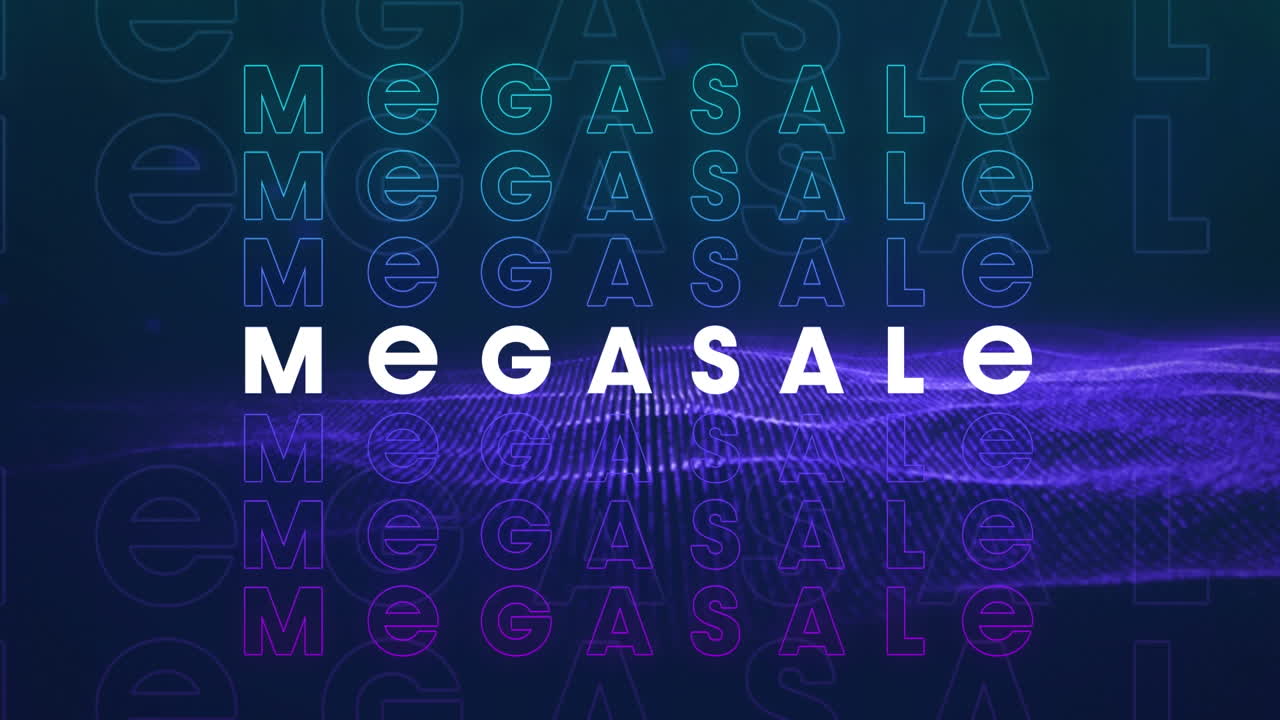 Animation of mega sale text over moving purple wave
