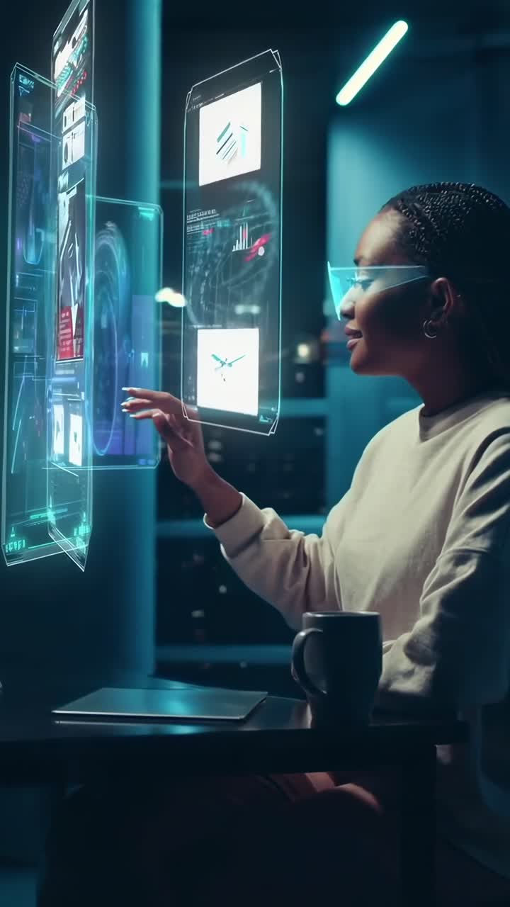 Futuristic video concept with a side angle of a person interacting with holographic screens