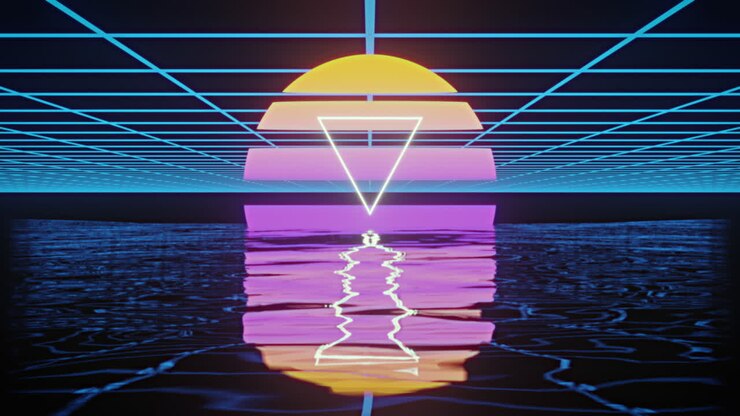 Animation af hvid trekant over glødende gul til lilla cirkel over blåt gitter reflekteret i vand.