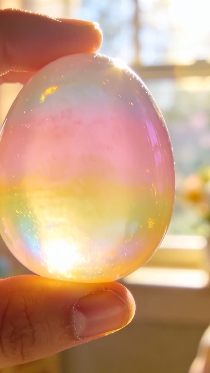 Video verticale: Mano che inclina un uovo opale vicino alla finestra, la luce del sole che crea giochi di fasce pastello per un prodotto