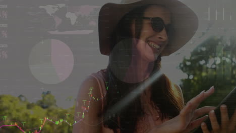 animación del procesamiento de datos financieros sobre una mujer caucásica que usa un teléfono inteligente