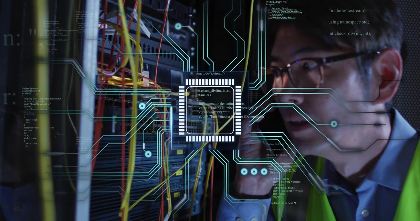 Vertical video: IT pro phoning checking rack as square growing into HUD over cables fixing network
