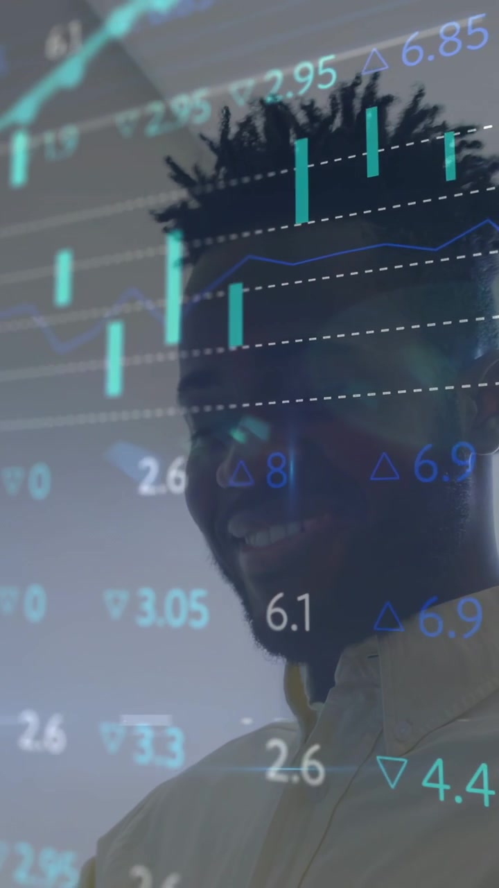 Vertical video: Analyst studying tablet, lifting chin, marking glass with animated market charts