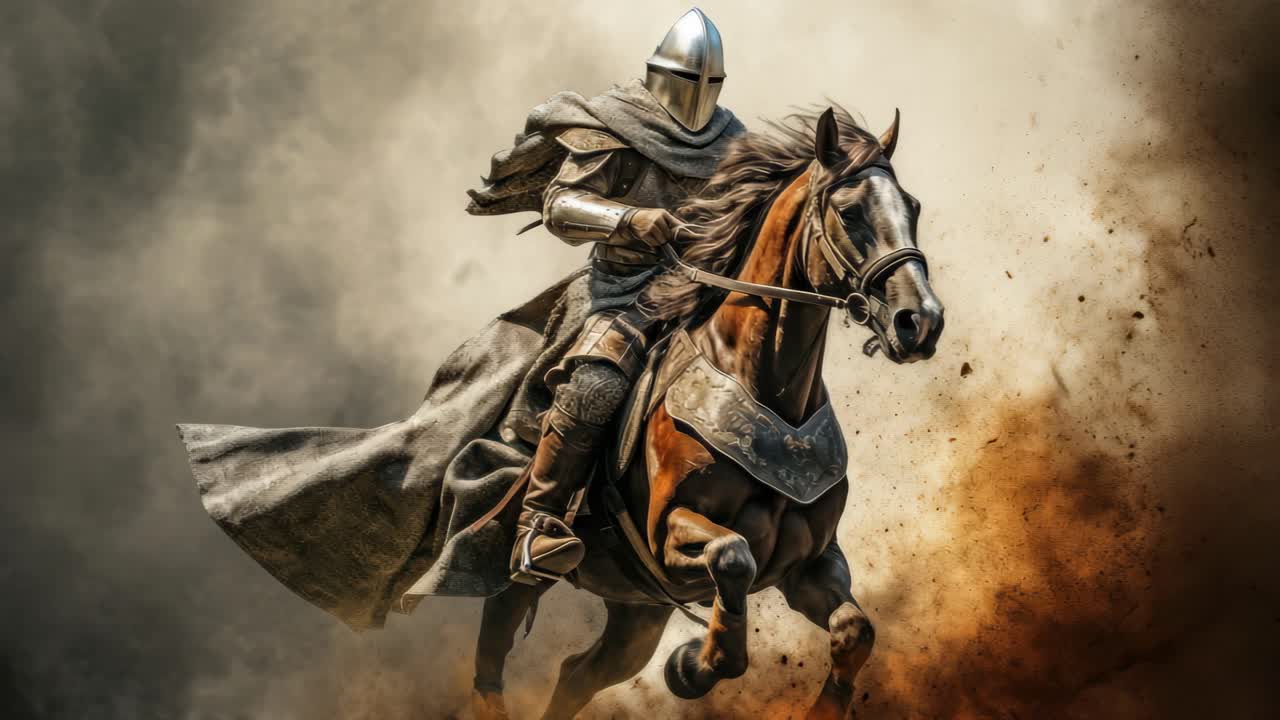 Epic medieval knight on horseback, charging through dust