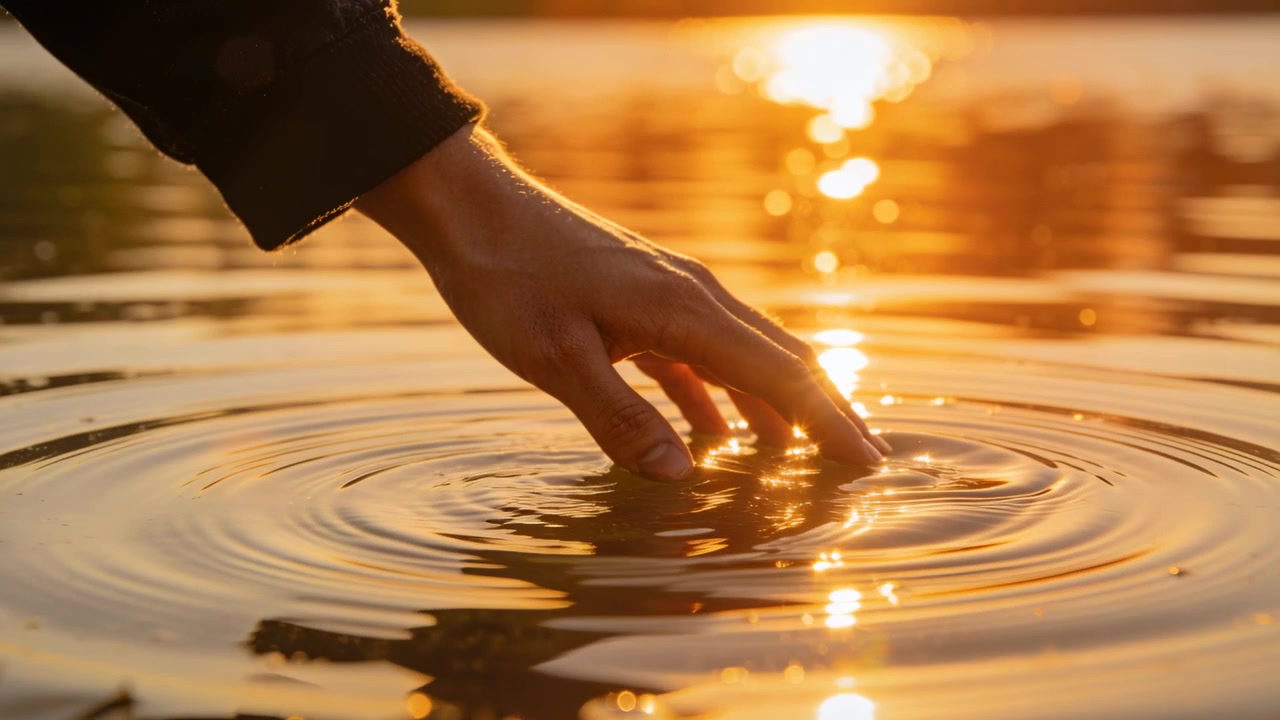 Mano che si protende in una manica scura creando increspature anulari sul lago, osservando una fascia di sole luccicare, con spazio per il testo.