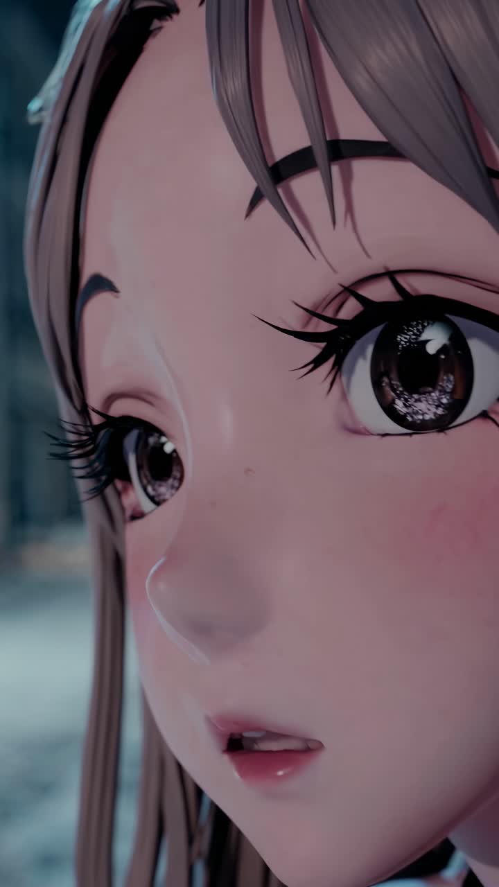 Close-up of an anime-style character's face in a snowy street at night, captured from a side angle