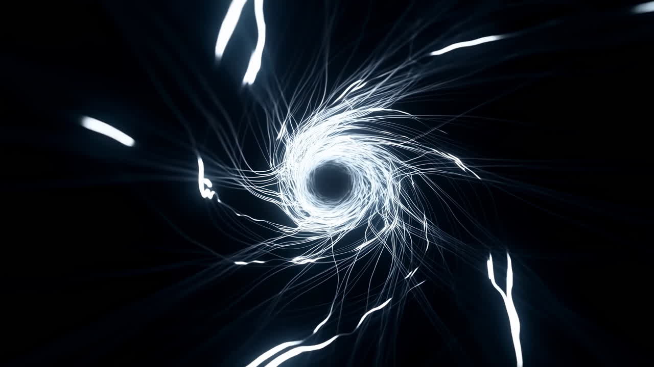 White Electric Vortex Swirling In Darkness, Radiating Sparks And Filament Trails Around Central Void. Strong