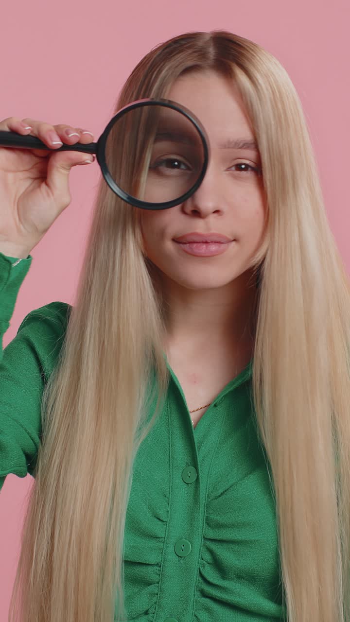 Ricercatrice investigatrice donna con una lente d'ingrandimento vicino alla faccia che guarda la telecamera con un grande occhio di zoom