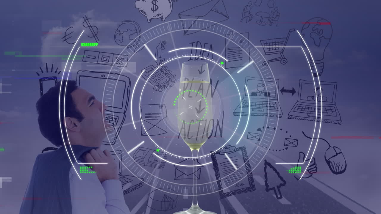 animación de escaneo de alcance sobre iconos de negocios y hombre de negocios caucásico