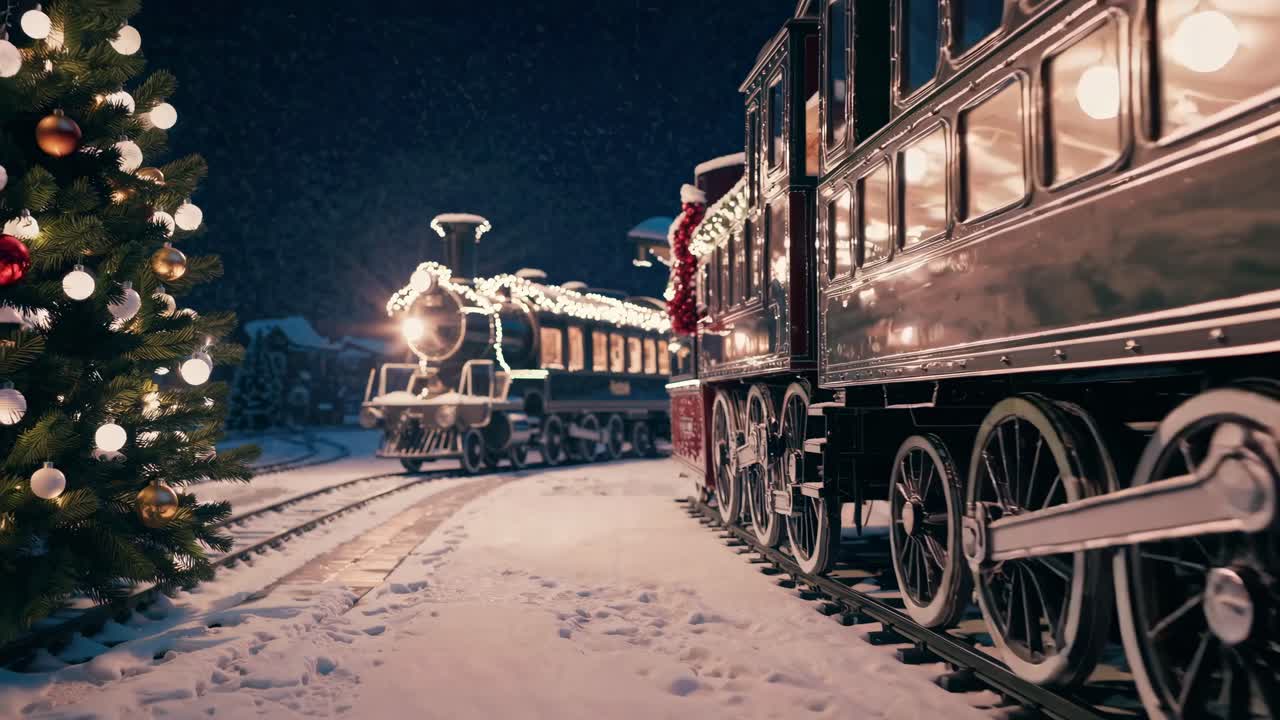 A vintage train adorned with lights in a snowy station at night, captured from a low angle